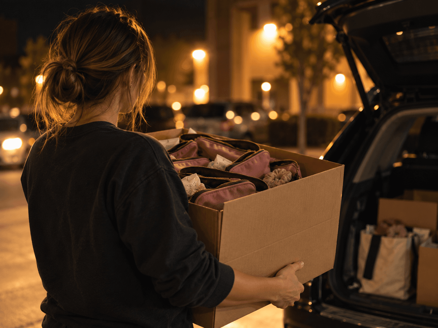 A woman seen from behind at night, carrying a box of pink gift bags toward an open car trunk